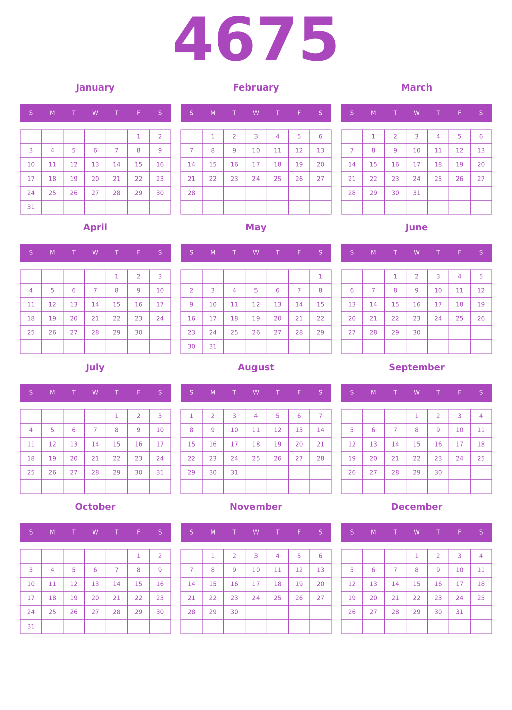 Printable 4675 Year Calendars purple