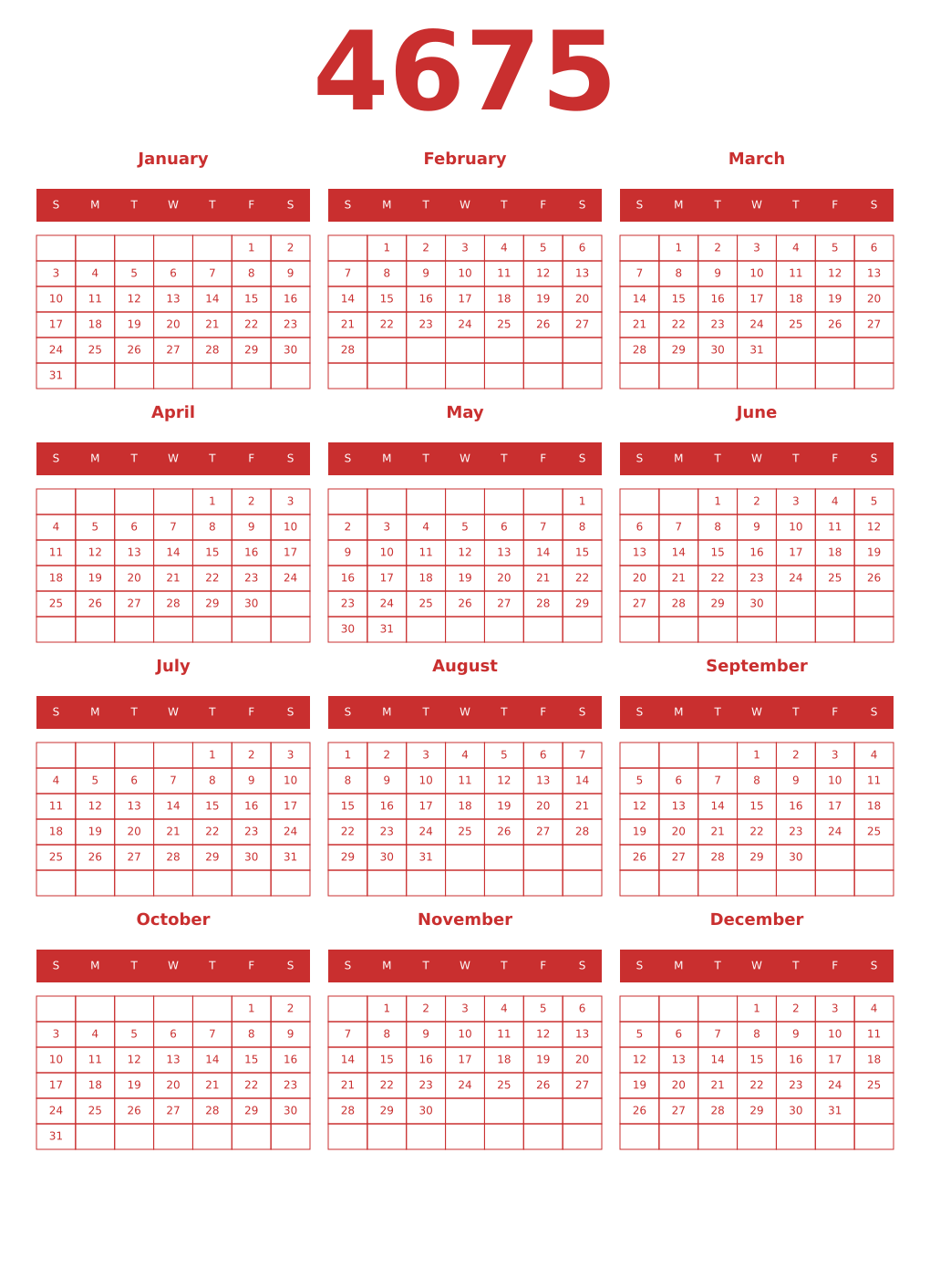 Printable 4675 Year Calendars red