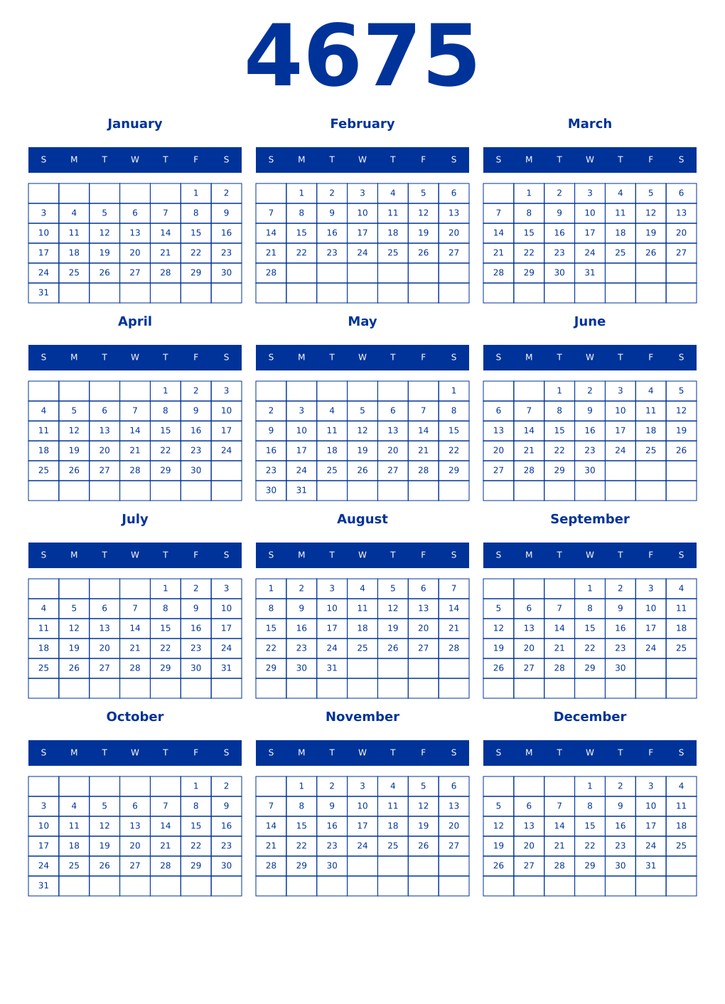 Printable 4675 Year Calendars smalt