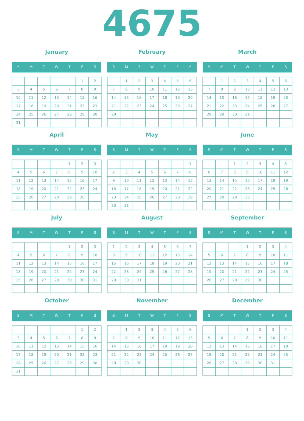 Printable 4675 Year Calendars verdigris