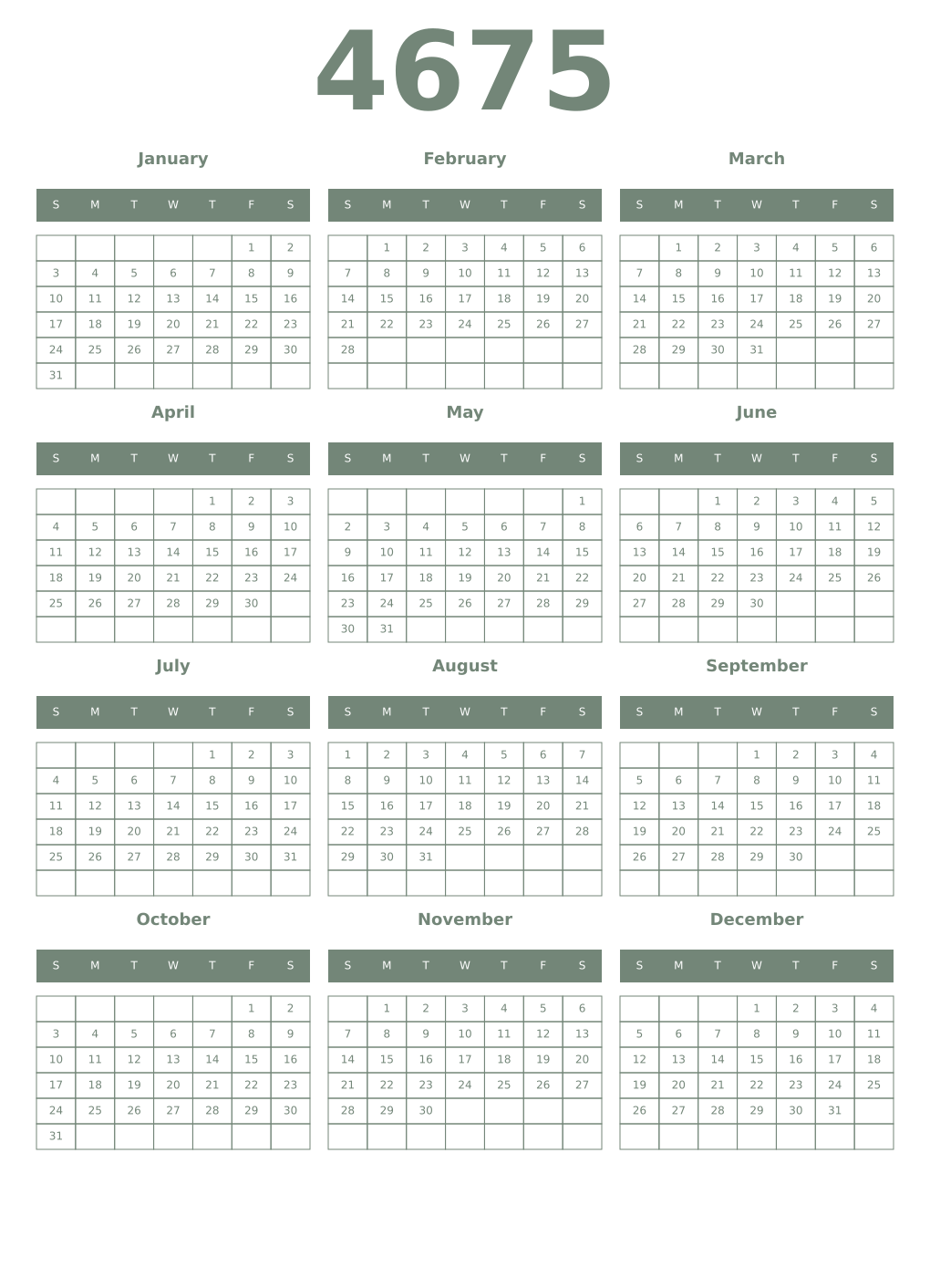 Printable 4675 Year Calendars xanadu