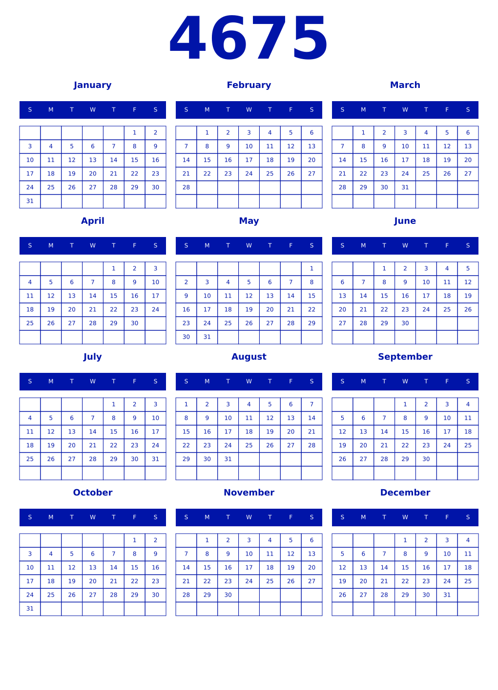 Printable 4675 Year Calendars zaffre