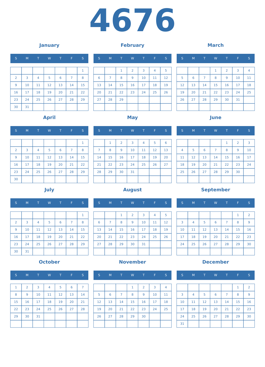 Printable 4676 Year Calendars blue