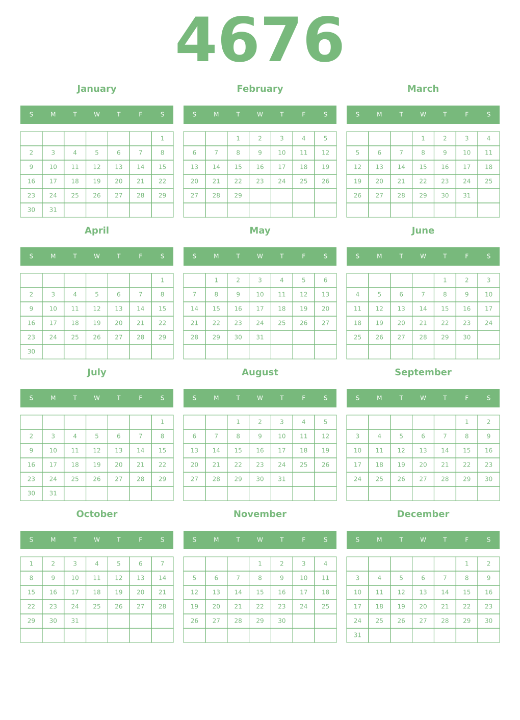 Printable 4676 Year Calendars celadon