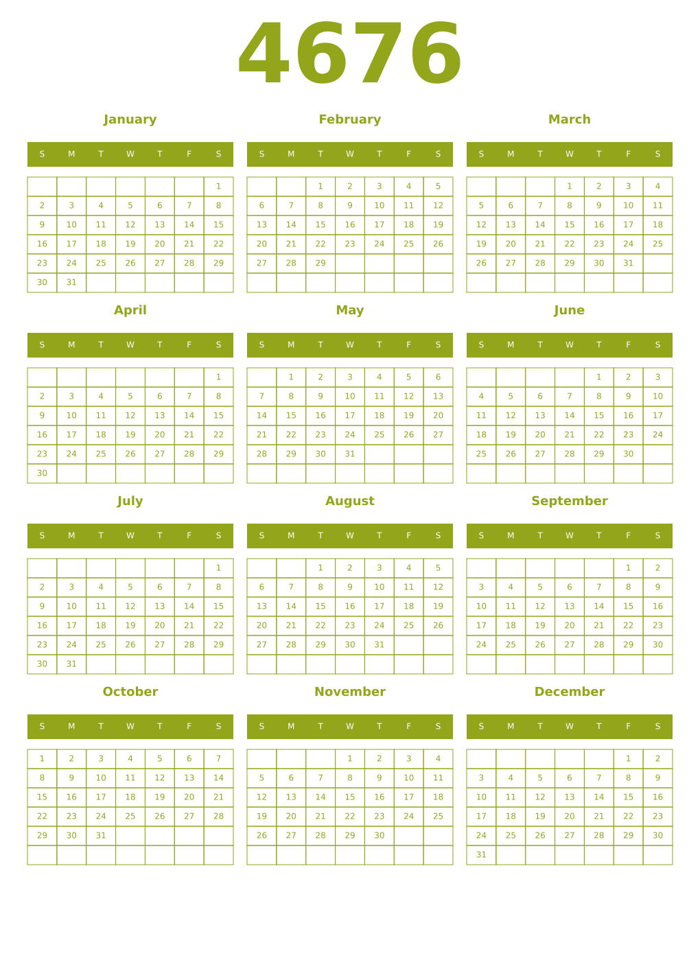 Printable 4676 Year Calendars chartreuse