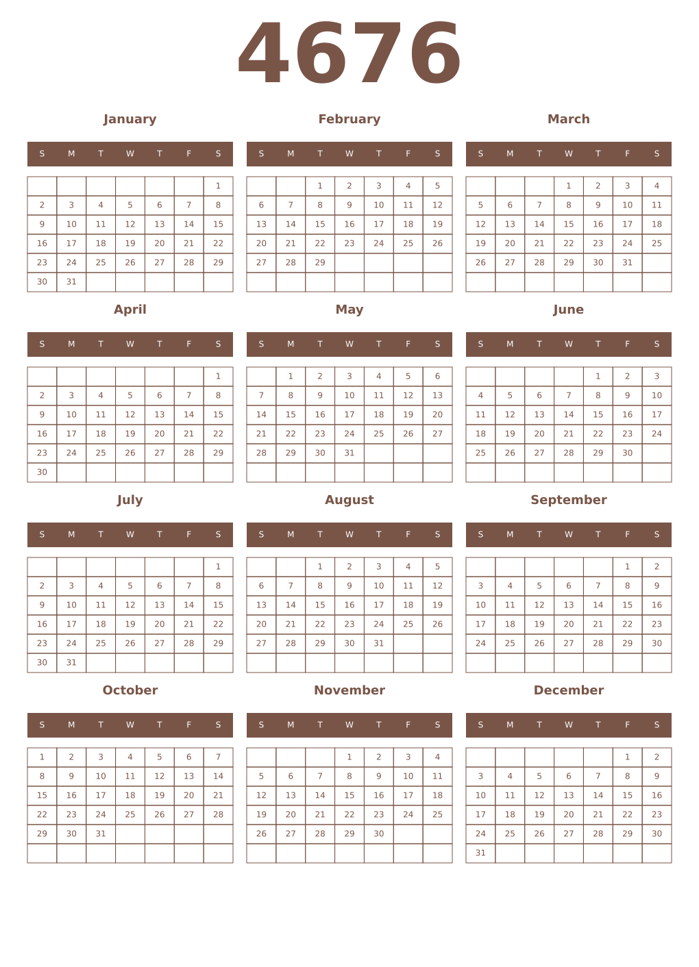 Printable 4676 Year Calendars coffe