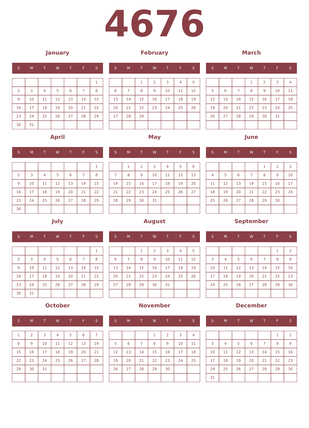 Printable 4676 Year Calendars cordovan
