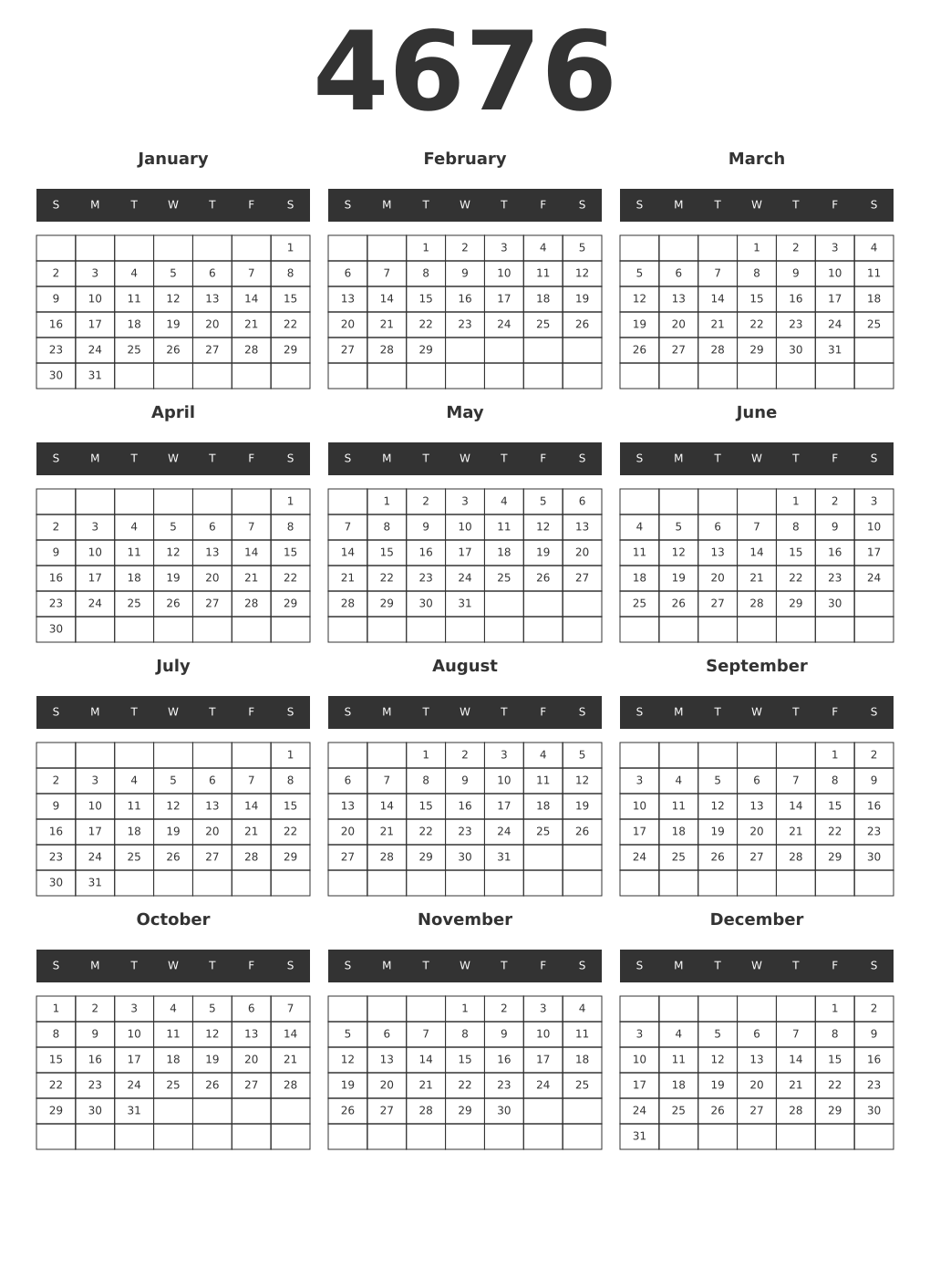 Printable 4676 Year Calendars dark