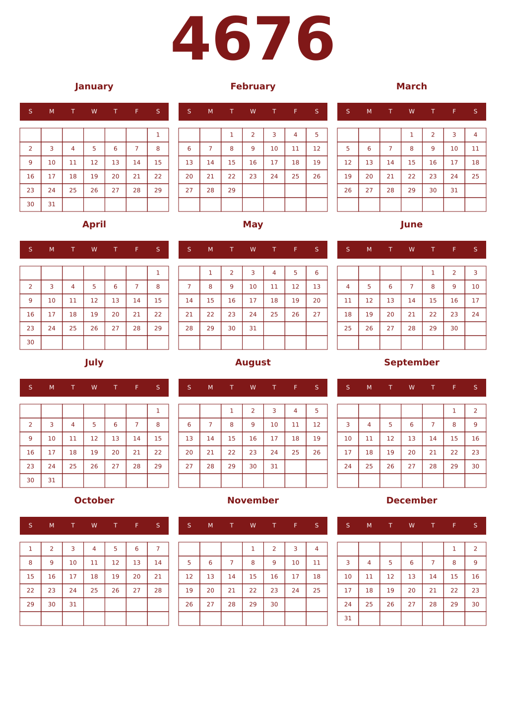 Printable 4676 Year Calendars falu