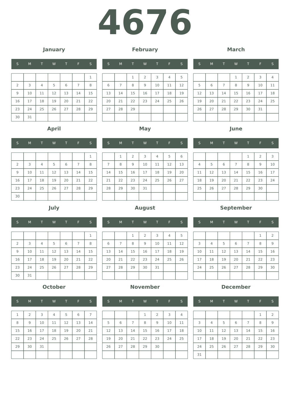 Printable 4676 Year Calendars feldgrau