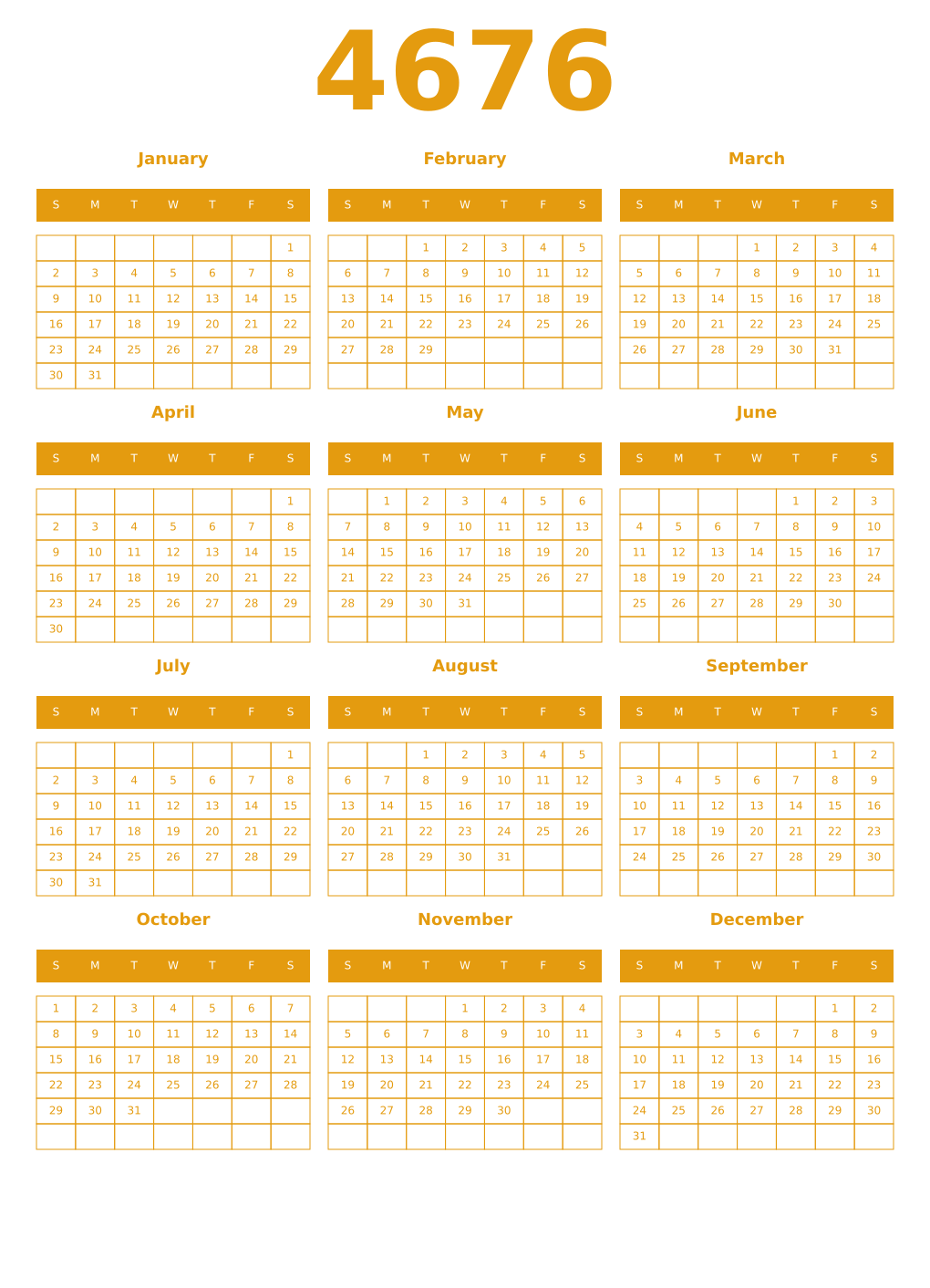 Printable 4676 Year Calendars gamboge
