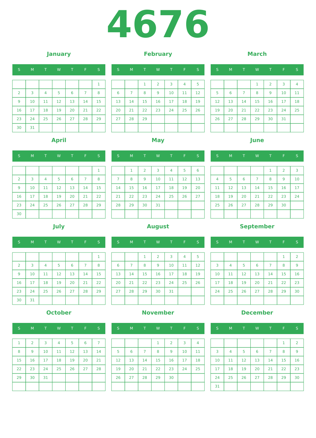 Printable 4676 Year Calendars green