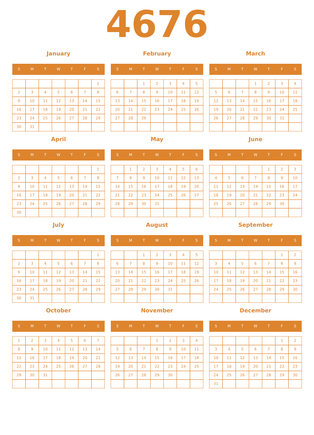 Printable 4676 Year Calendars orange