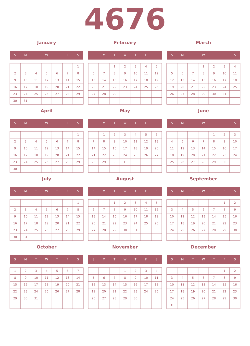 Printable 4676 Year Calendars puce