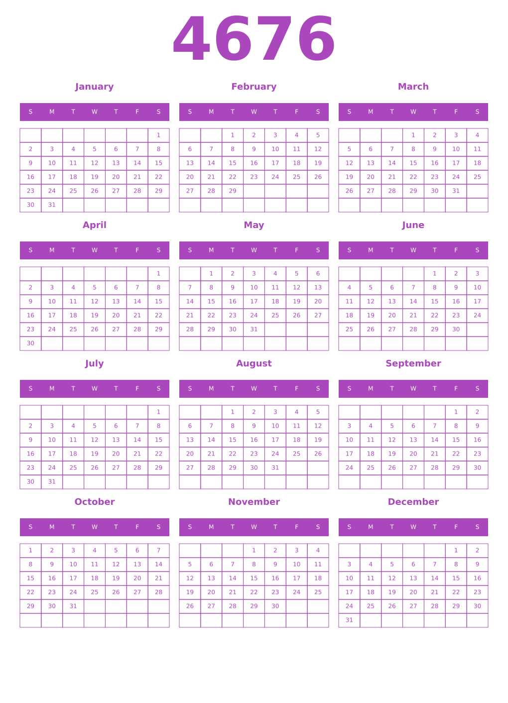 Printable 4676 Year Calendars purple