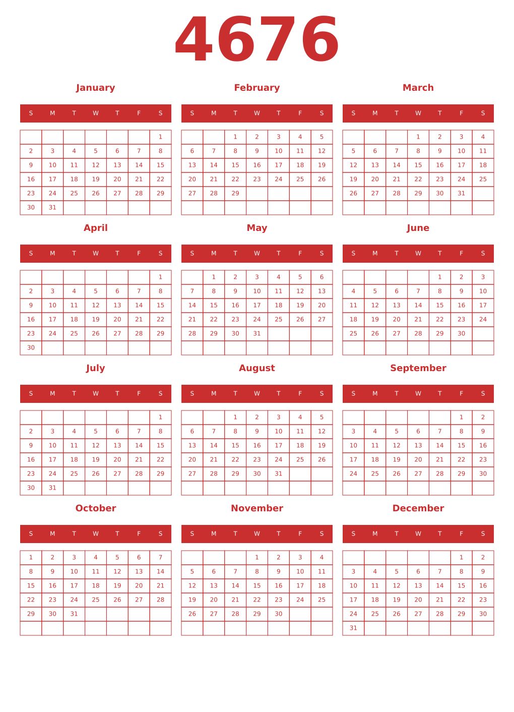 Printable 4676 Year Calendars red
