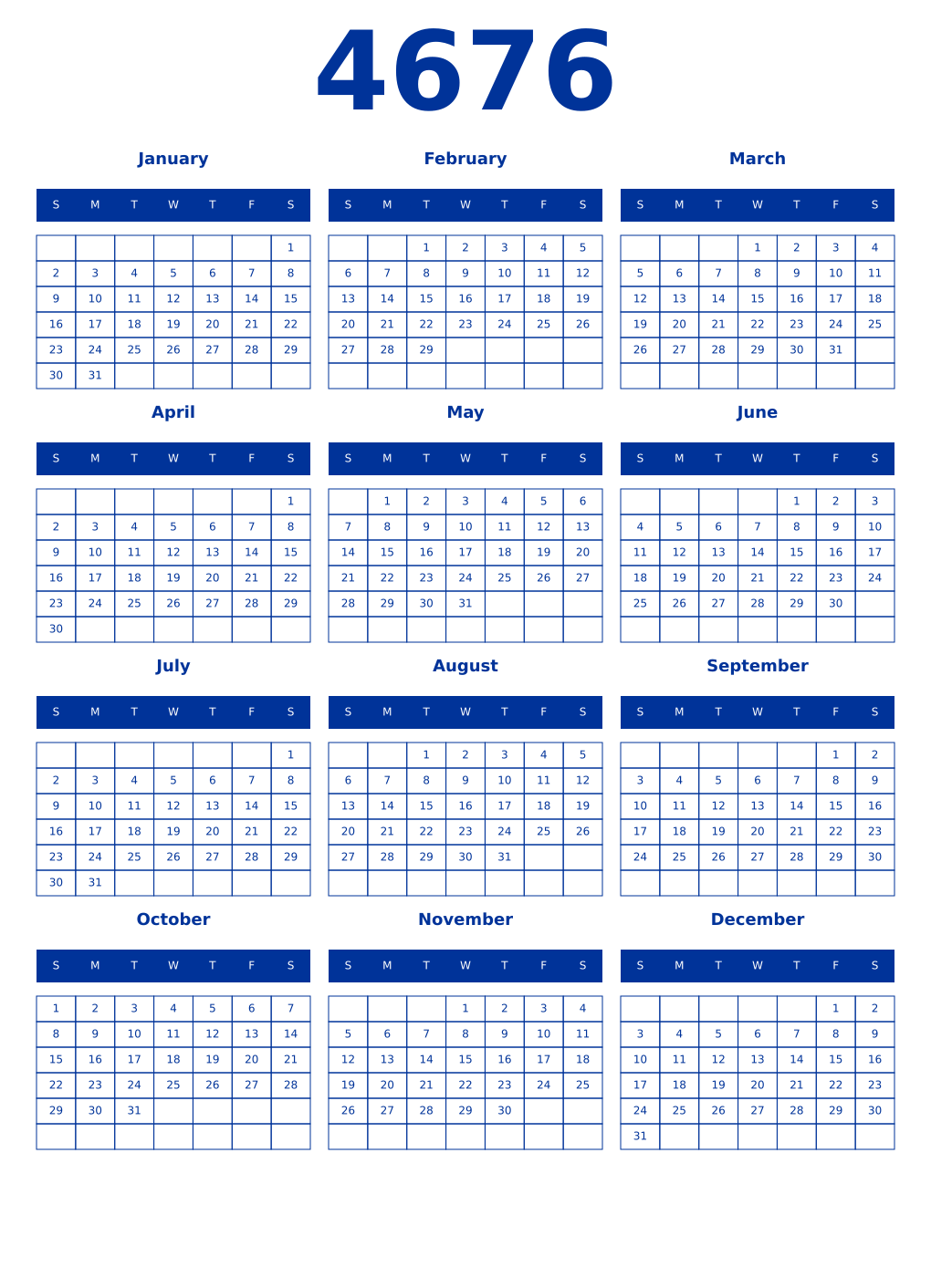 Printable 4676 Year Calendars smalt