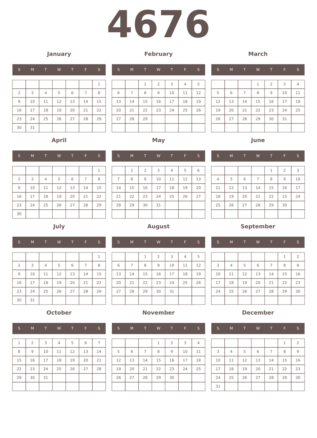 Printable 4676 Year Calendars wenge
