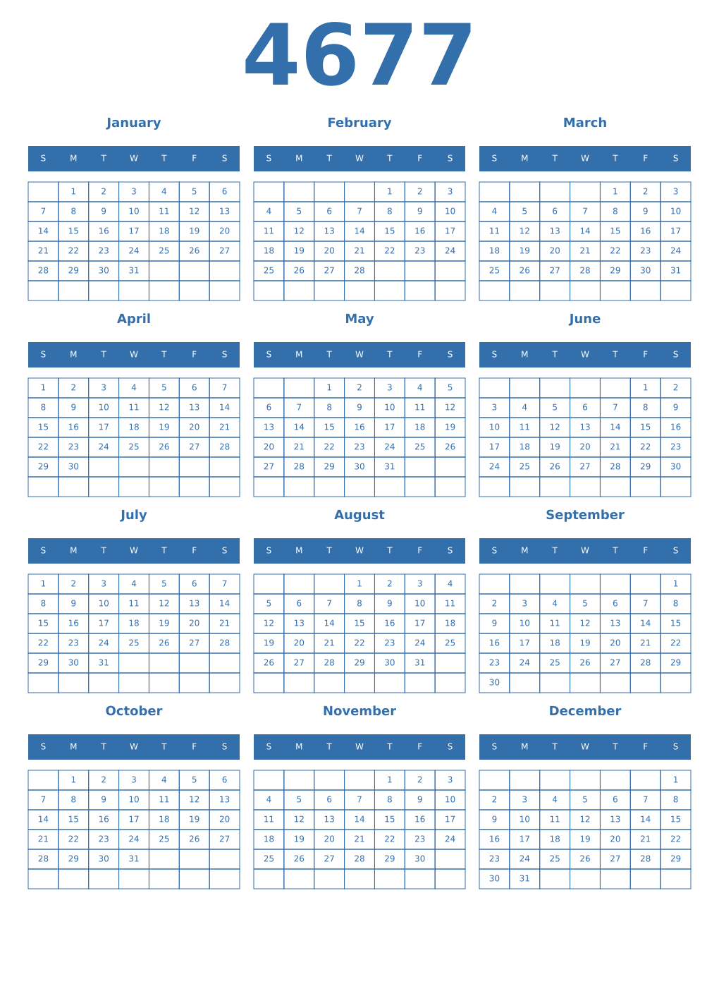 Printable 4677 Year Calendars blue