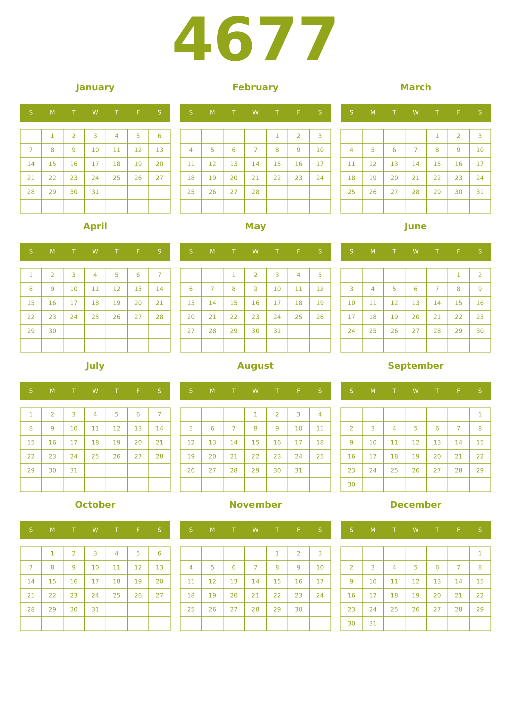 Printable 4677 Year Calendars chartreuse