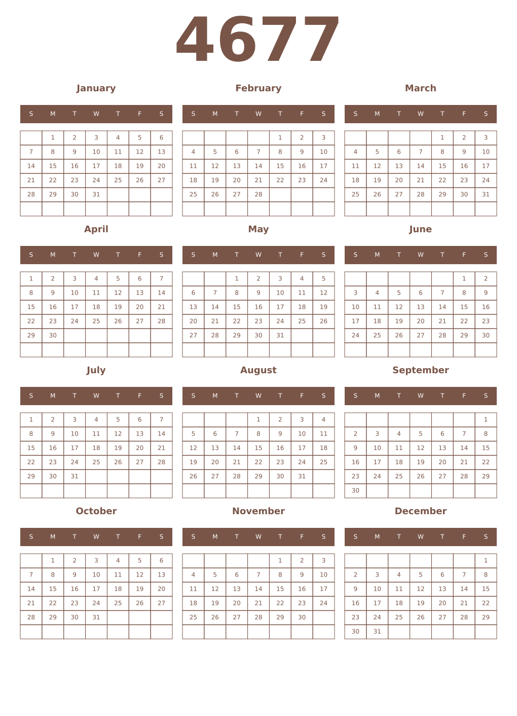 Printable 4677 Year Calendars coffe