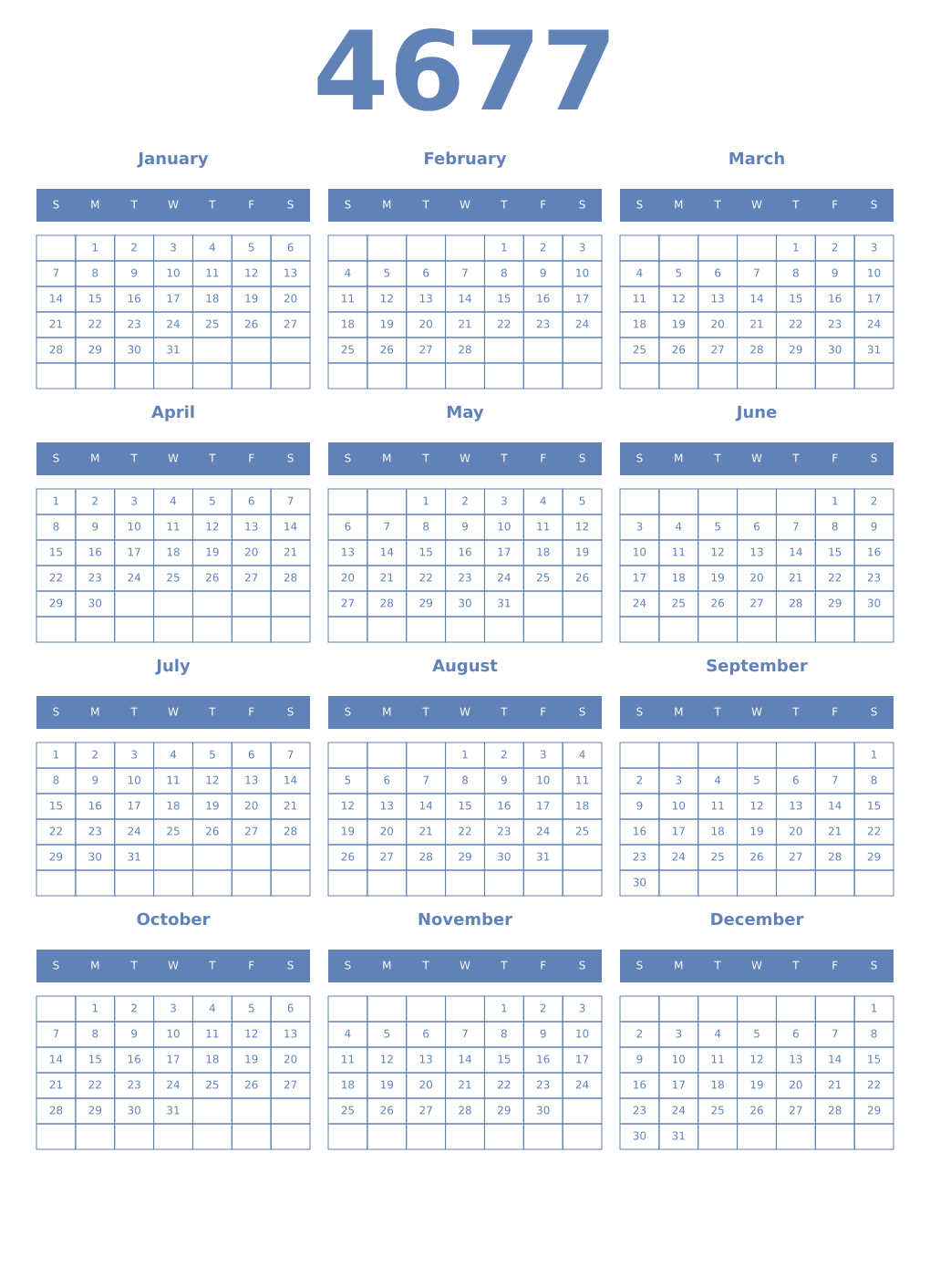 Printable 4677 Year Calendars glaucous