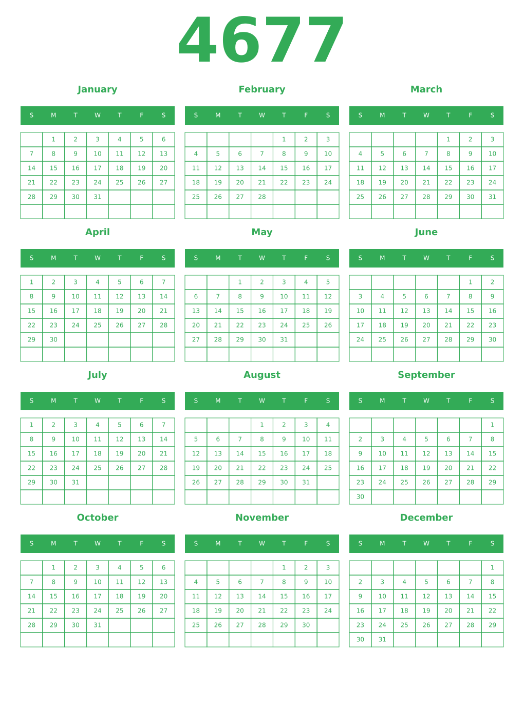 Printable 4677 Year Calendars green