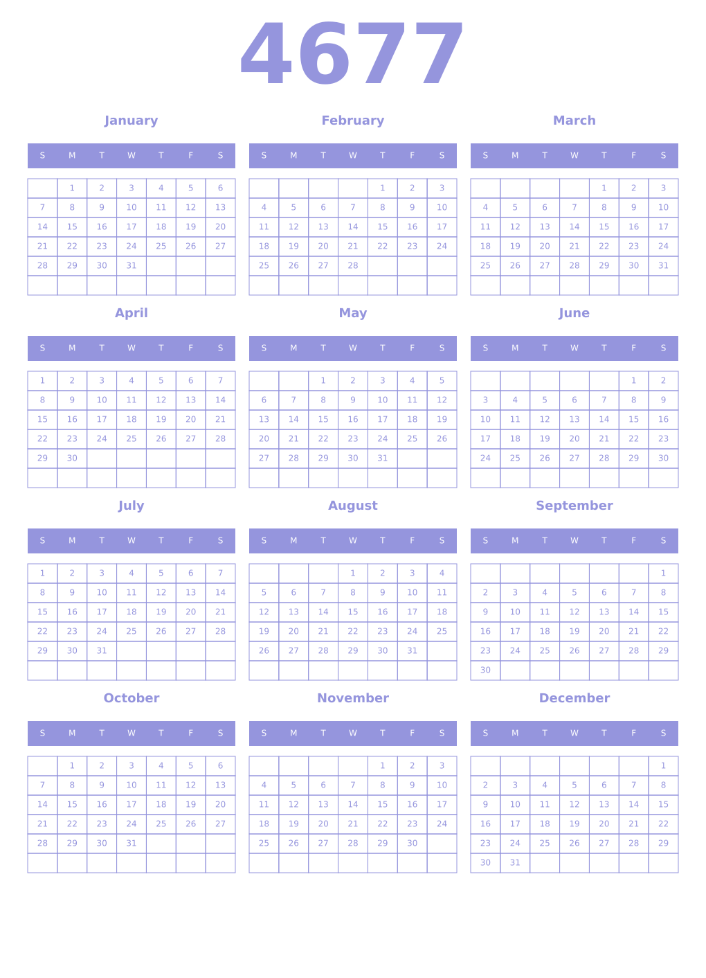 Printable 4677 Year Calendars periwinkle