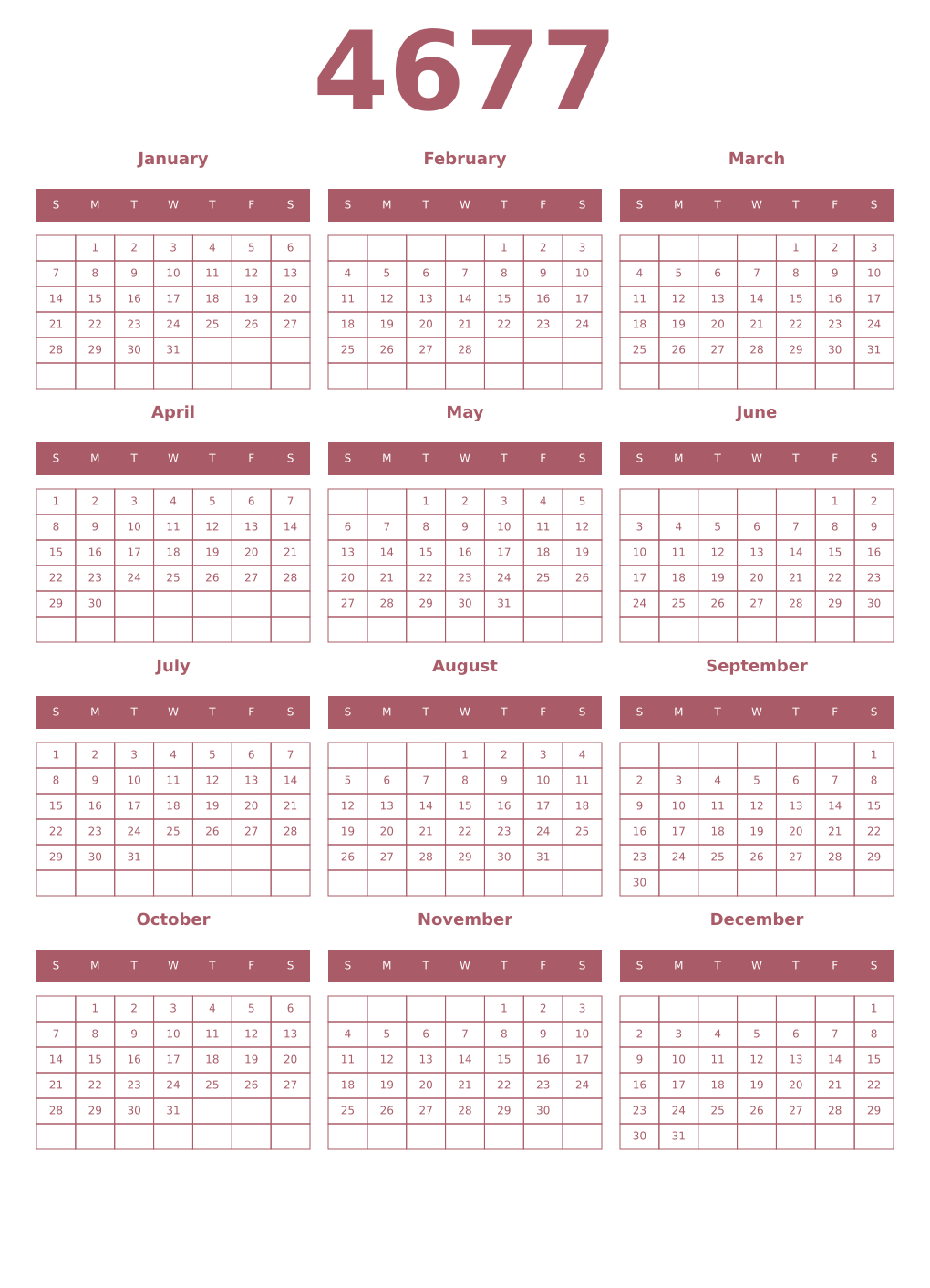 Printable 4677 Year Calendars puce