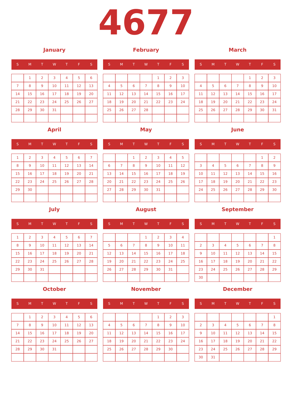 Printable 4677 Year Calendars red