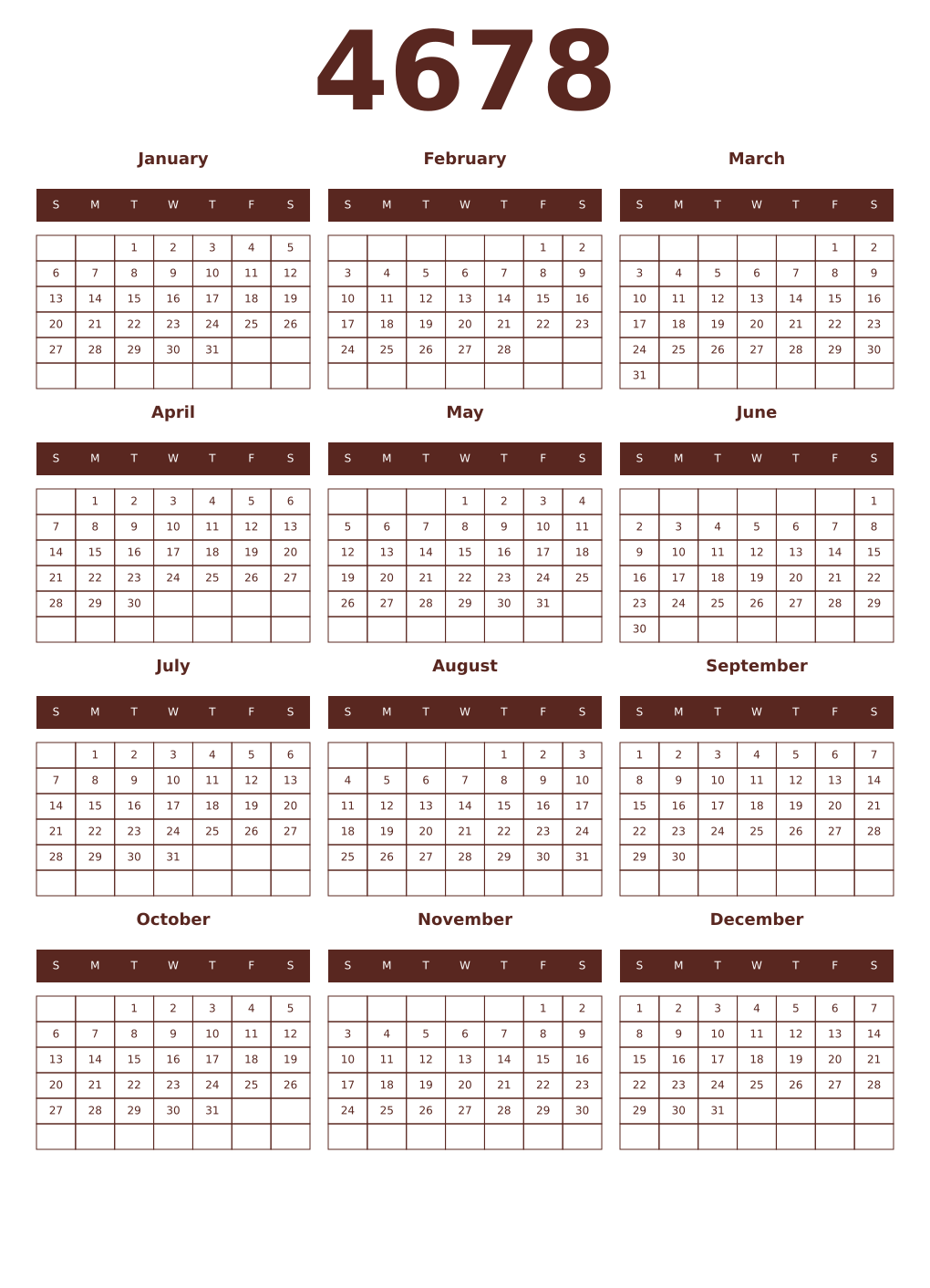 Printable 4678 Year Calendars mortuum