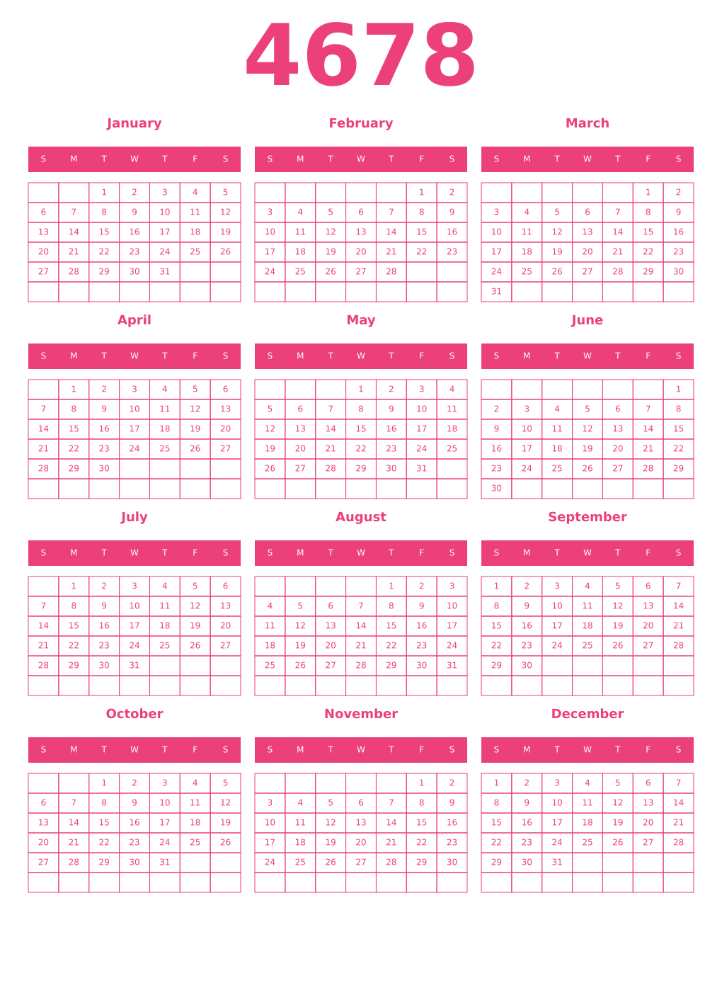 Printable 4678 Year Calendars pink