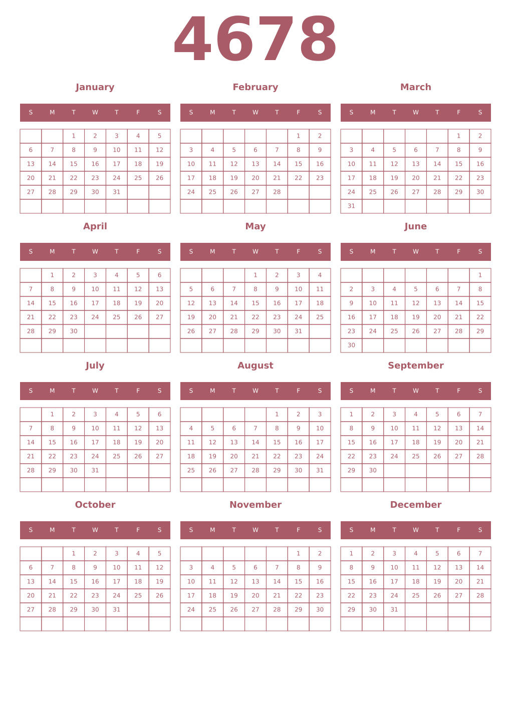 Printable 4678 Year Calendars puce