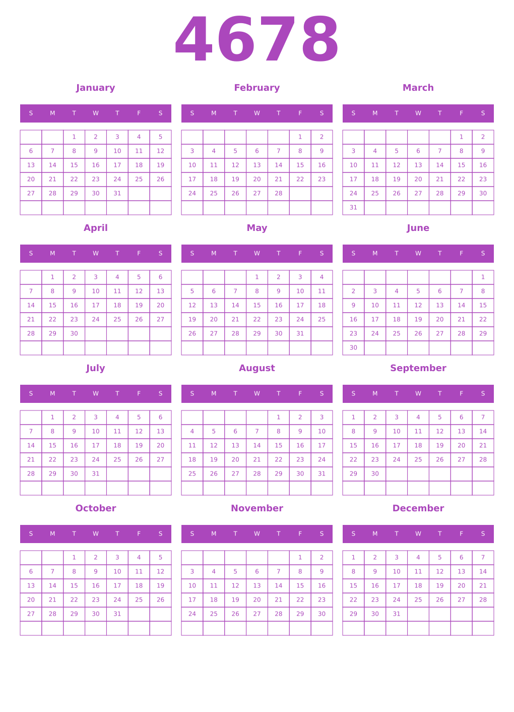 Printable 4678 Year Calendars purple