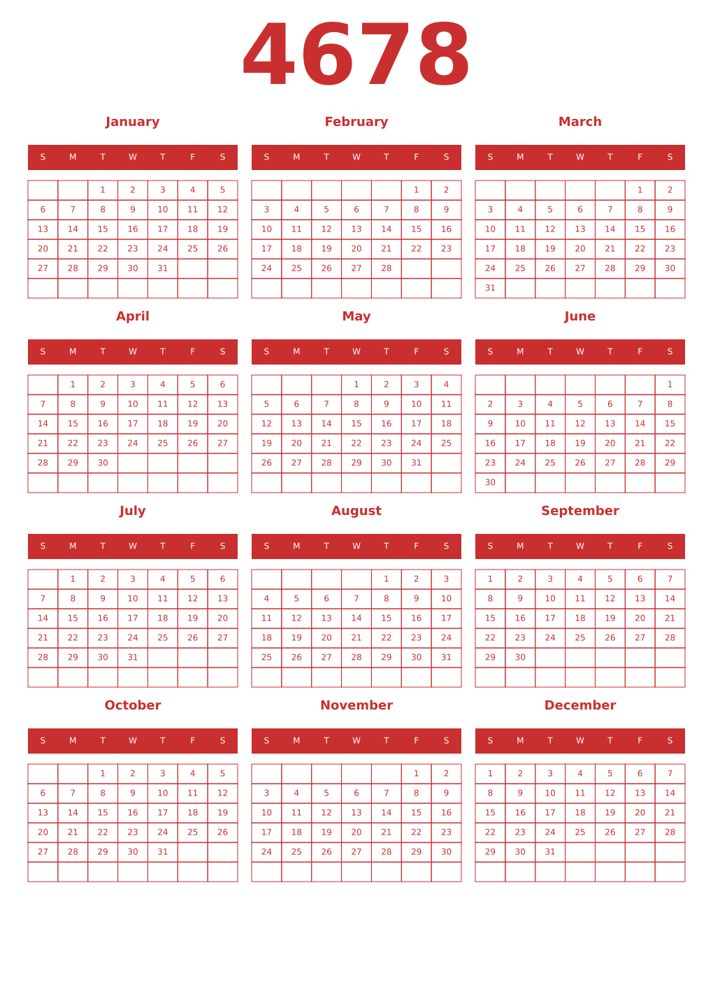 Printable 4678 Year Calendars red