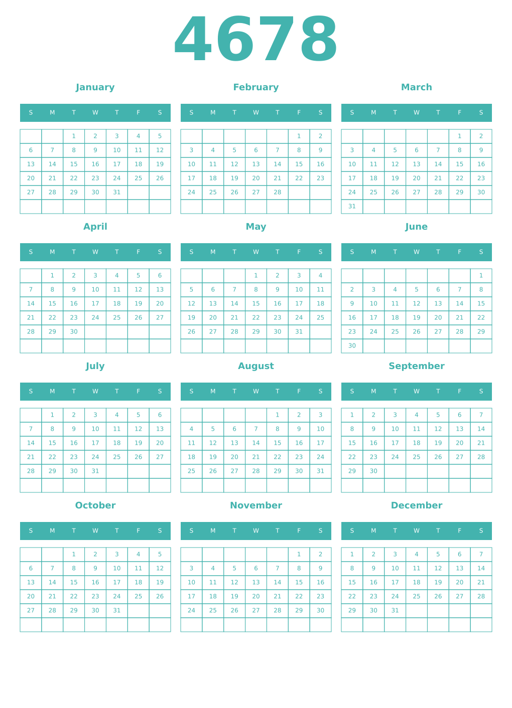 Printable 4678 Year Calendars verdigris