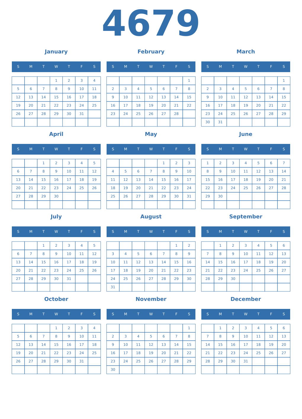 Printable 4679 Year Calendars blue