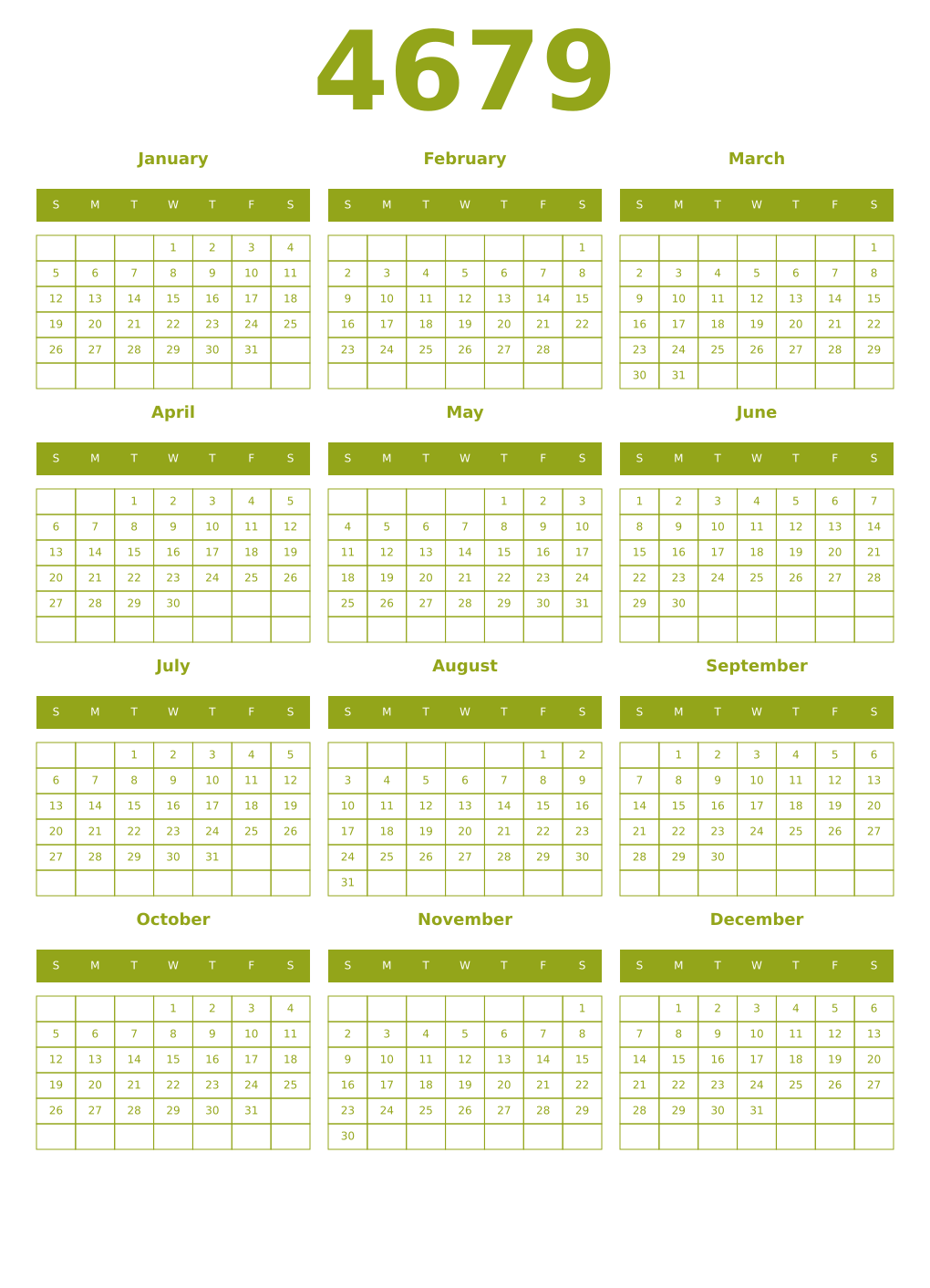 Printable 4679 Year Calendars chartreuse