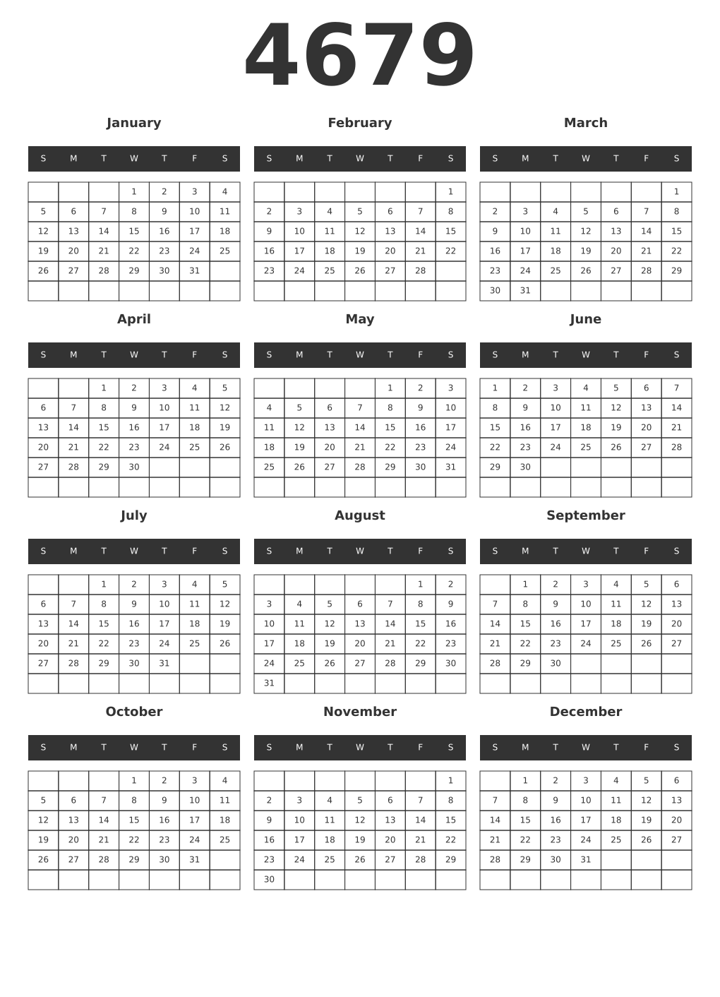 Printable 4679 Year Calendars dark