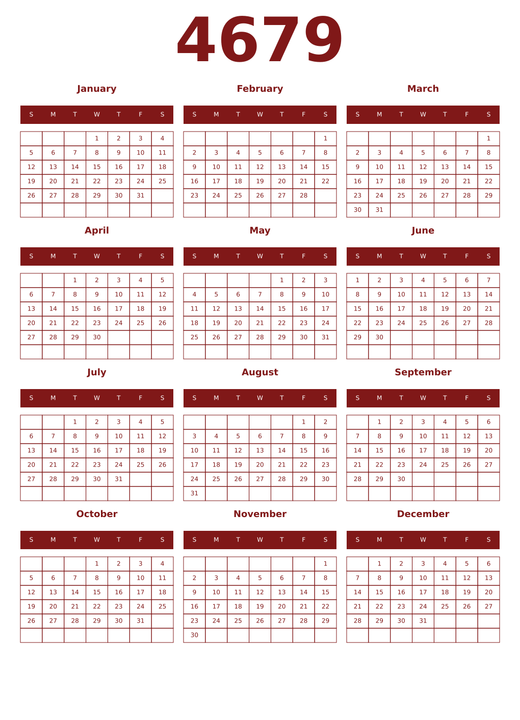 Printable 4679 Year Calendars falu