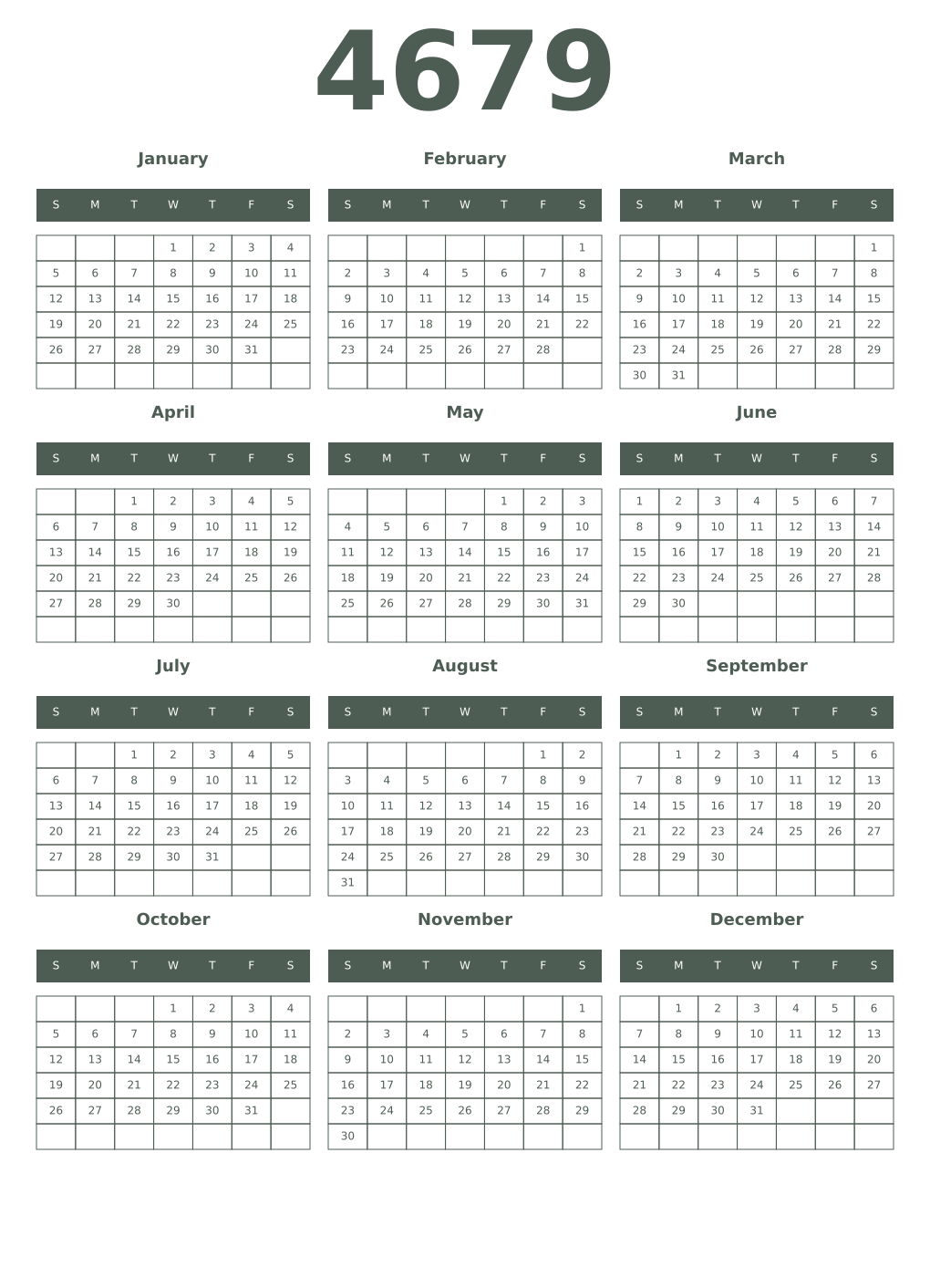 Printable 4679 Year Calendars feldgrau