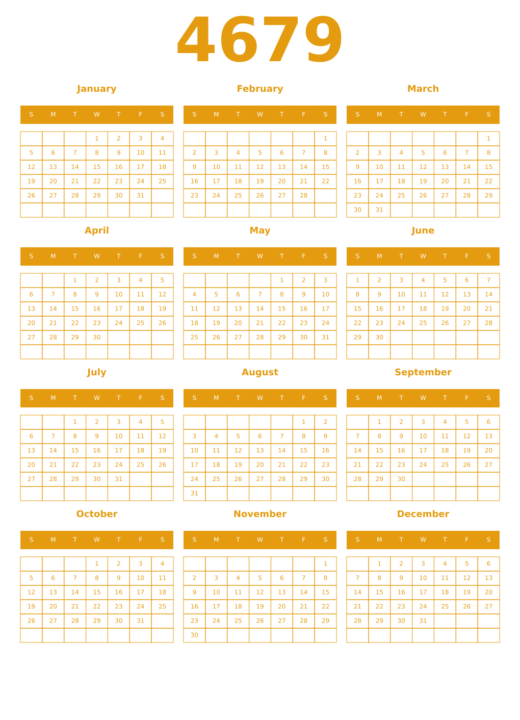 Printable 4679 Year Calendars gamboge