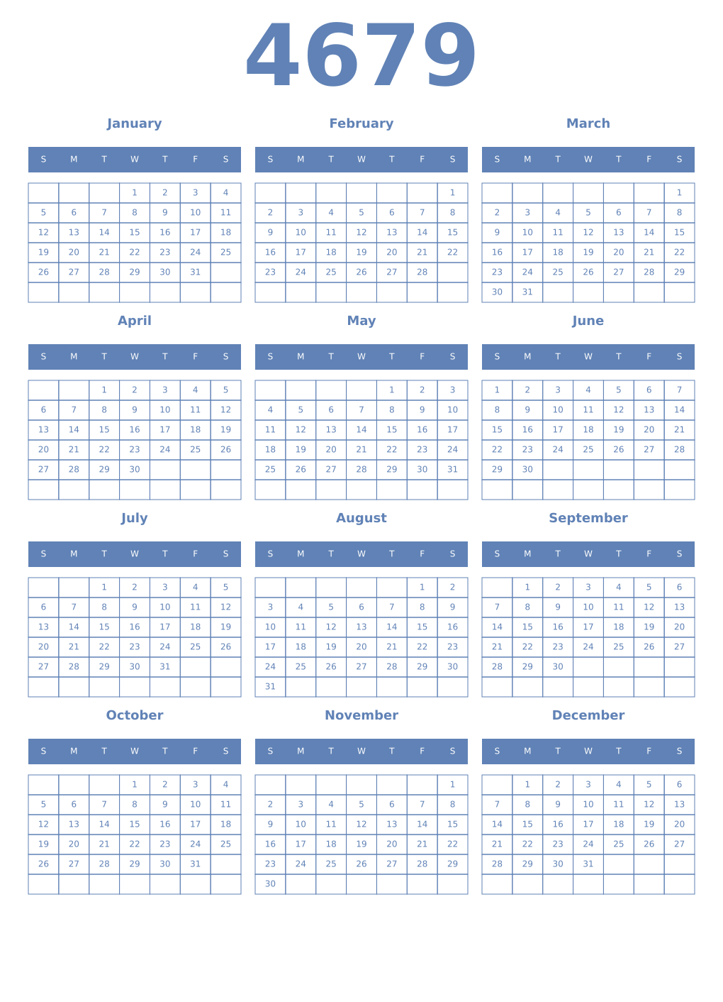 Printable 4679 Year Calendars glaucous