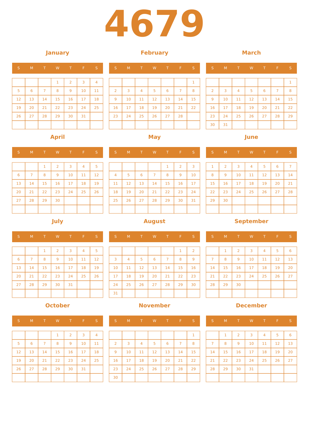 Printable 4679 Year Calendars orange