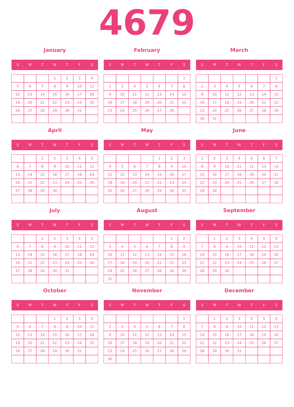Printable 4679 Year Calendars pink