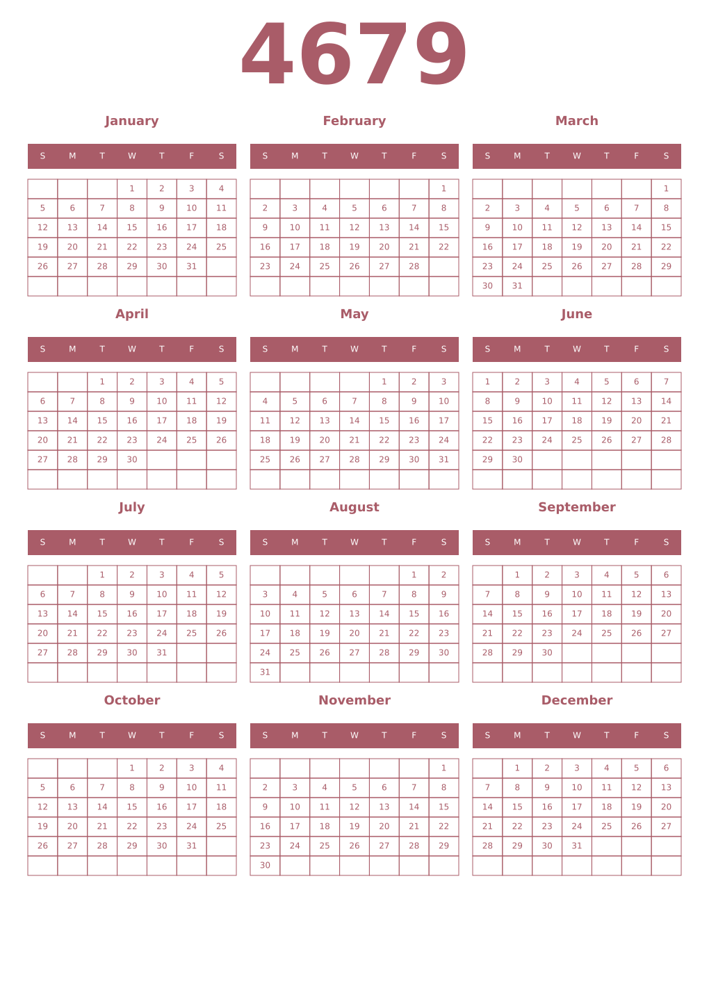 Printable 4679 Year Calendars puce