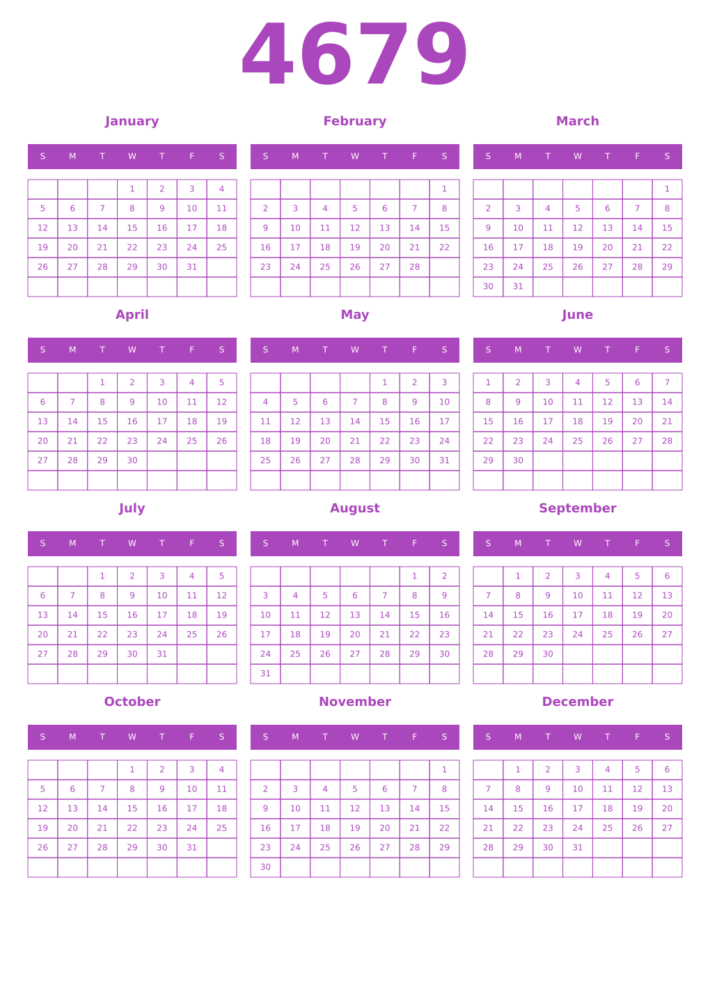 Printable 4679 Year Calendars purple