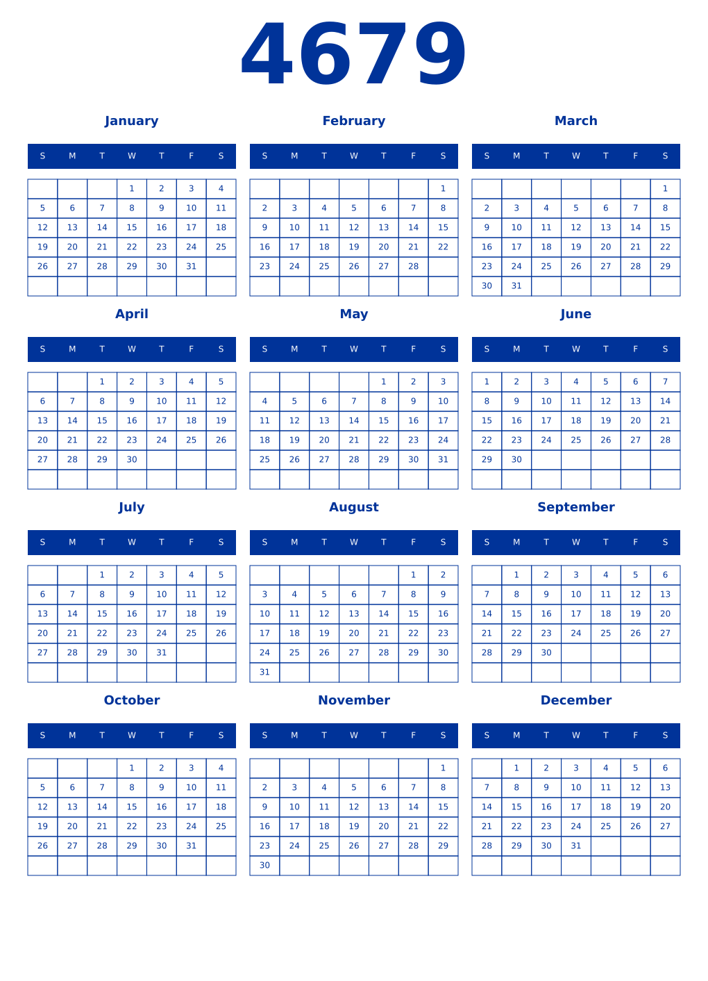 Printable 4679 Year Calendars smalt