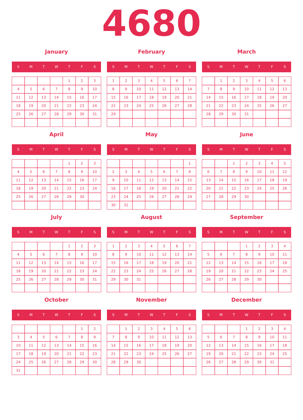 Printable 4680 Year Calendars amaranth