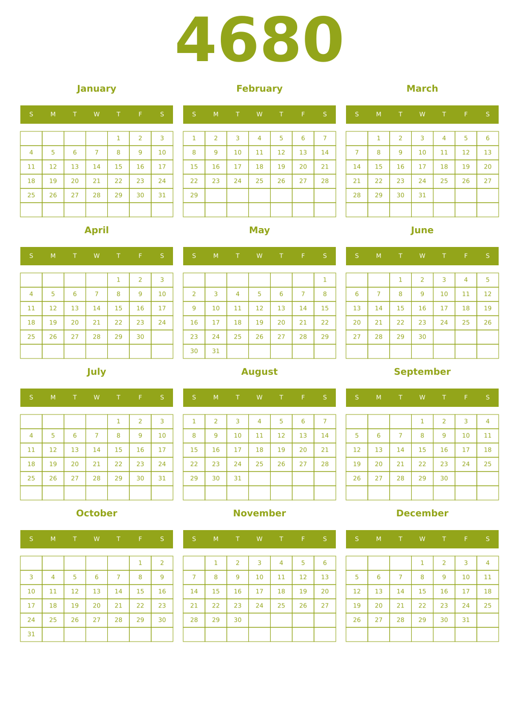 Printable 4680 Year Calendars chartreuse